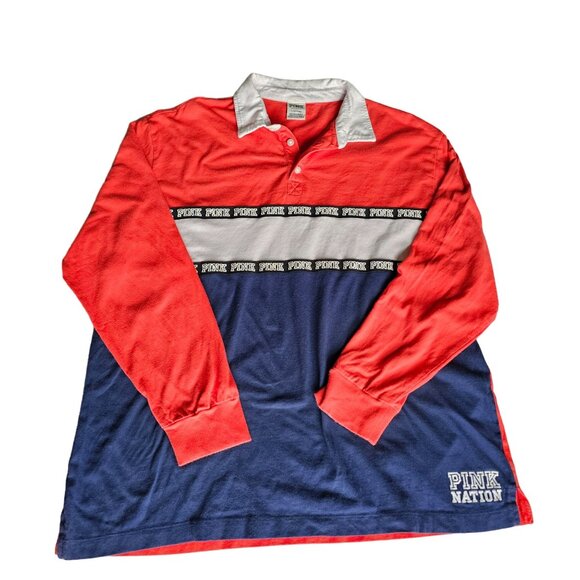 PINK Victoria's Secret Tops - PINK Women's RED WHITE BLUE Patriotic 4th of July Top Polo Long Sleeved size L